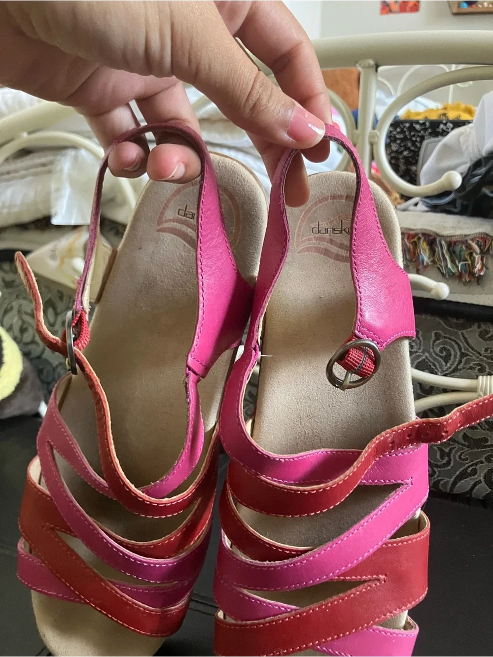 Dansko Pink and Red Two-Tone Leather Wedge Sandals